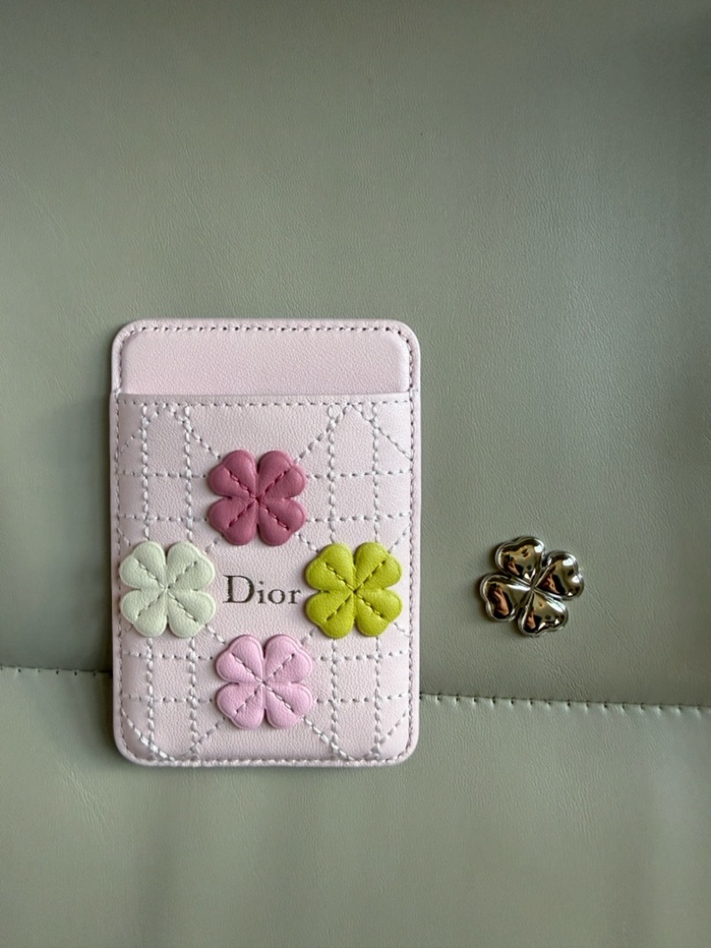 Dior Pale Pink Leather Cardholder with Gold Clover Accent - Picture 1 of 4